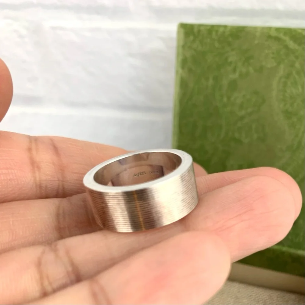 Authentic Gucci Signature Logo Wide Band Sterling Silver 925 Ring Sz 5.75 IT 12